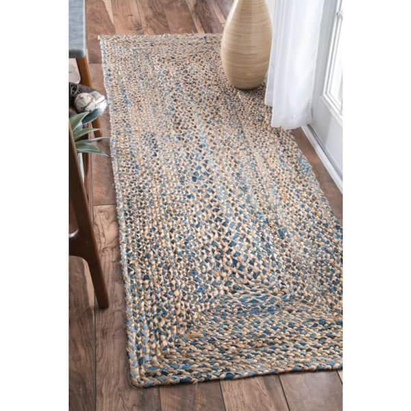 Eliz Striped Farmhouse Jute Blue 2 ft. 6 in. x 12 ft. Indoor Runner Rug