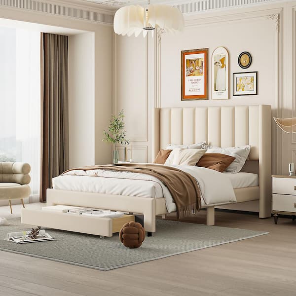 Harper & Bright Designs Beige Wood Frame Full Size Velvet Upholstered Platform Bed with a Big Drawer