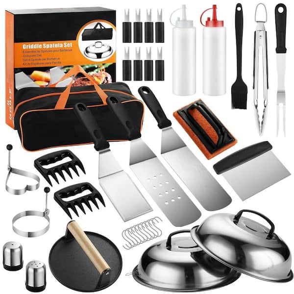 38-Piece Grill Tools Set for Outdoor Barbecue, Griddle Spatula Set with Tongs, Smash Burger Press, Carry Bag, Orange