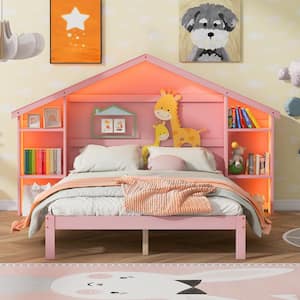 Pink Wood Frame Full Size Platform Bed with Built-in LED Lighting, House-Shaped Headboard with Shelves