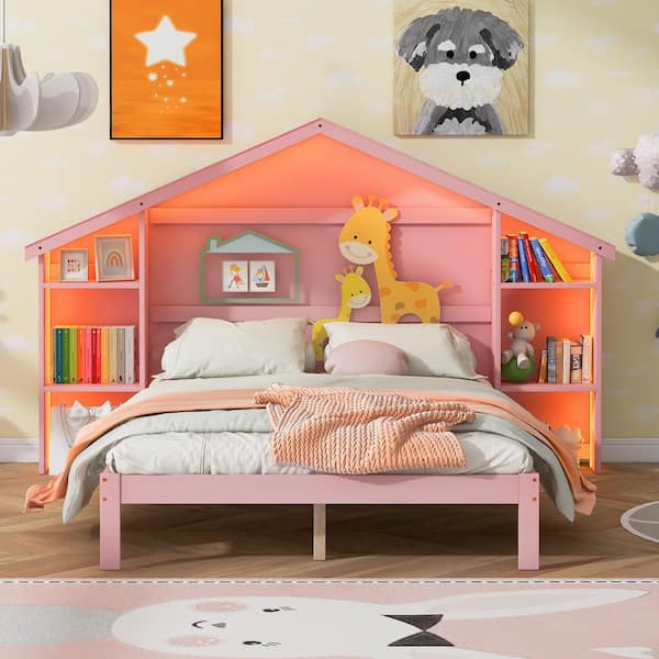 Harper & Bright Designs Pink Wood Frame Full Size Platform Bed with Built-in LED Lighting, House-Shaped Headboard with Shelves