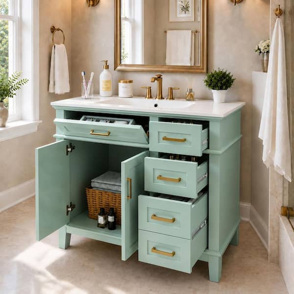 36 in. Freestanding Green Bath Vanity with White Ceramic Top Sink and 4 Drawers