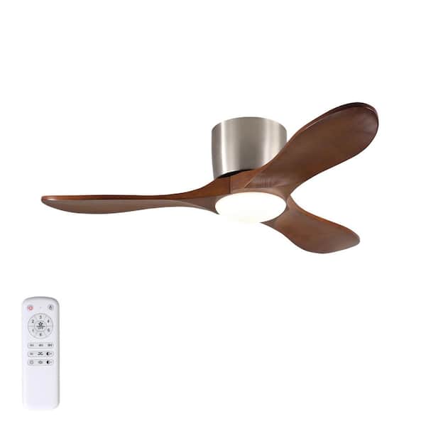 42 in. Nickel Indoor Standard Flush Mount Ceiling Fan with Light, 3 Walnut Blades Fan with Remote for Bedroom