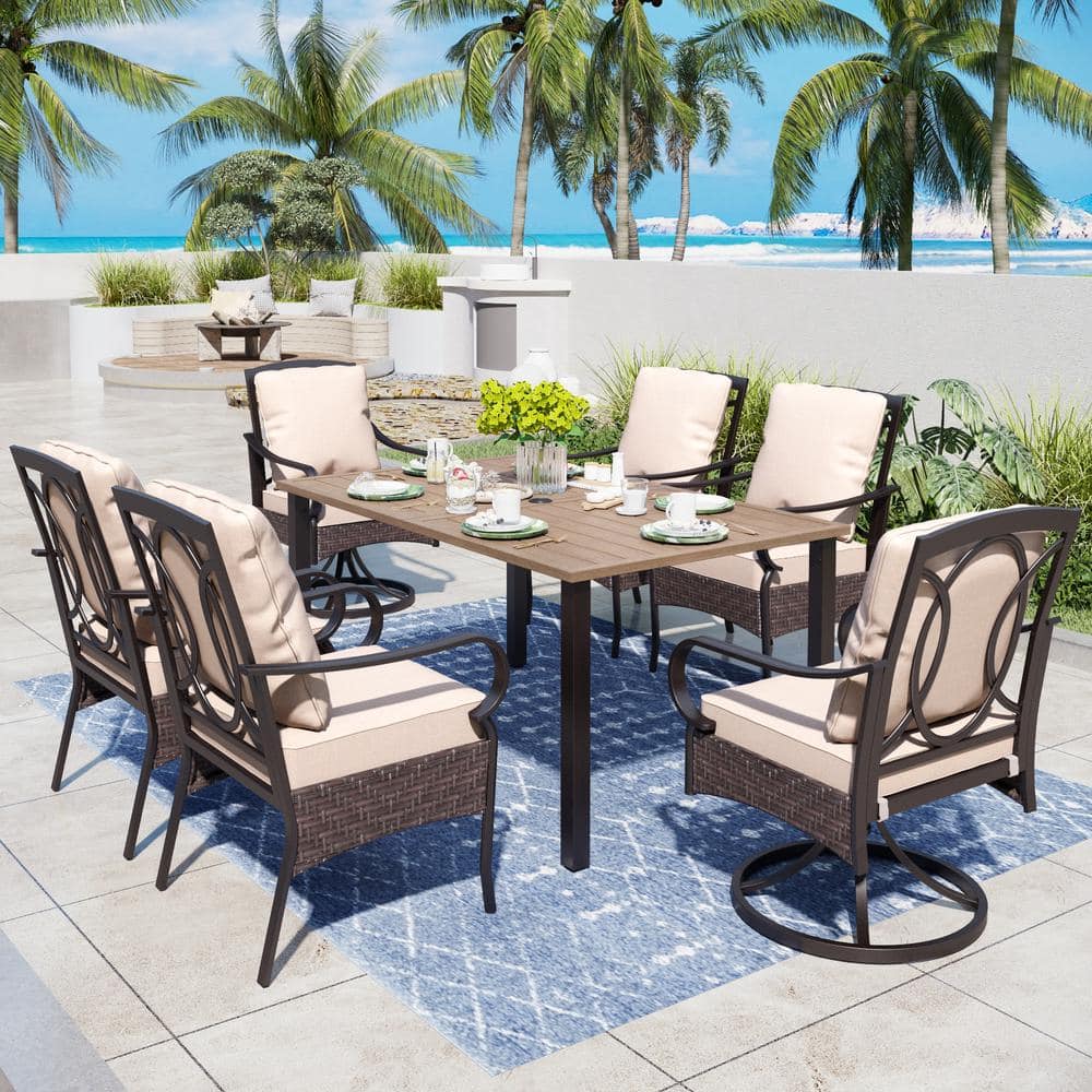 7-Piece Metal Patio Outdoor Dining Set with Brown Rectangle Table and Chairs with Beige Cushions price history on PriceWatchPro