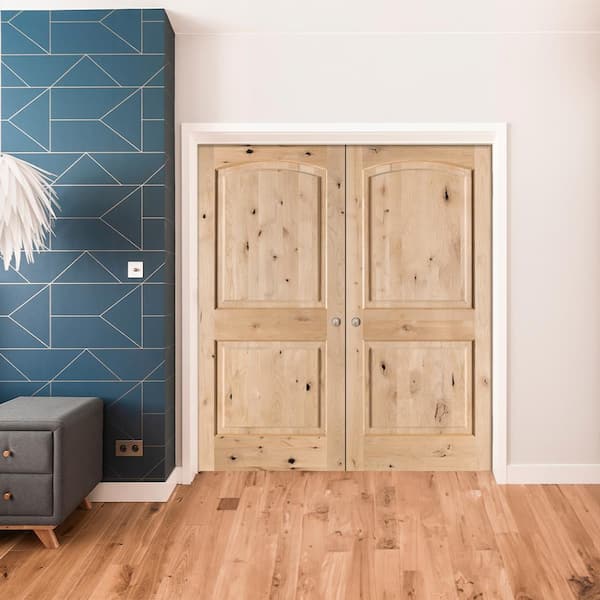 72 in. x 80 in. Rustic Knotty Alder 2-Panel Arch-Top Both Active Solid Core Wood Double Prehung Interior French Door