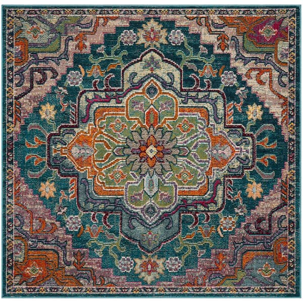 Crystal 3 ft. x 3 ft. Square Teal/Rose Distressed Border Area Rug