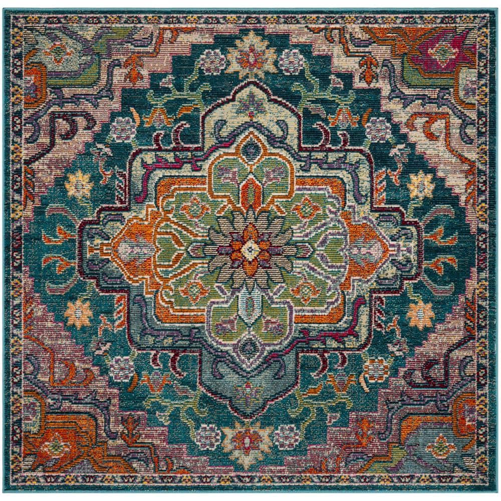 Teal and Rose Oriental Square Easy-Care Synthetic Rug