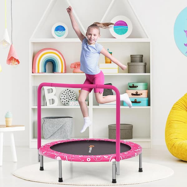 36 in. Indoor Outdoor Pink Kids Trampoline Rebounder with Full Covered Handrail and Pad