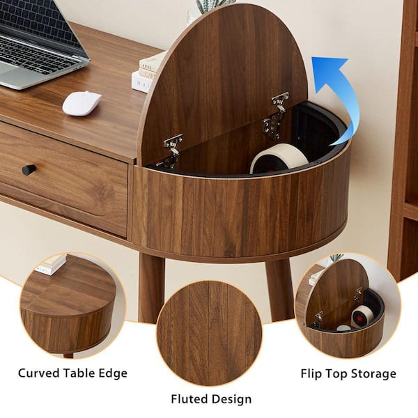 ATHMILE 19.69 in. Arc-Shaped Walnut MDF 2-Drawer Desk with Storage