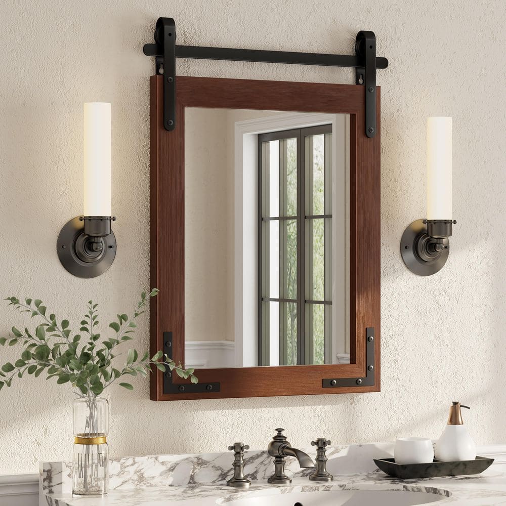 22 in. W x 30 in. H Rectangular Rustic Farmhouse Solid Wood Framed & Tempered Glass Wall Bathroom Vanity Mirror in Brown price history on PriceWatchPro
