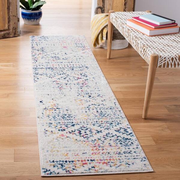 Tulum 2 ft. x 19 ft. Ivory/Blue Striped Tribal Geometric Runner Rug