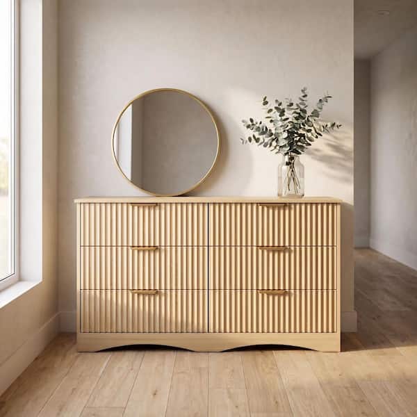 gold handles dresser LACOO 47.3 in. W 6-Drawer Fluted Chest with Handles, Wide Multi-Room Storage Cabinet, Light Natural Wood love