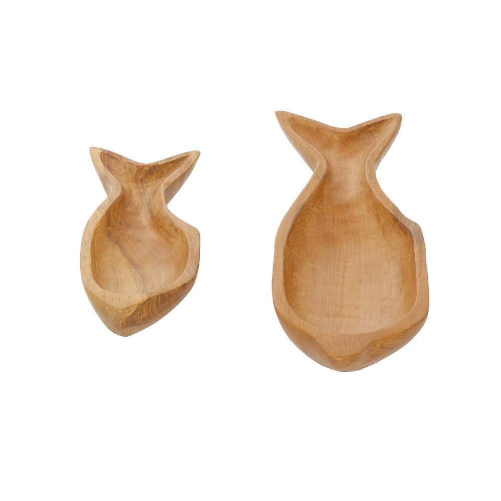 Natural Brown Teak Wood Fish Shaped Decorative Tray Set