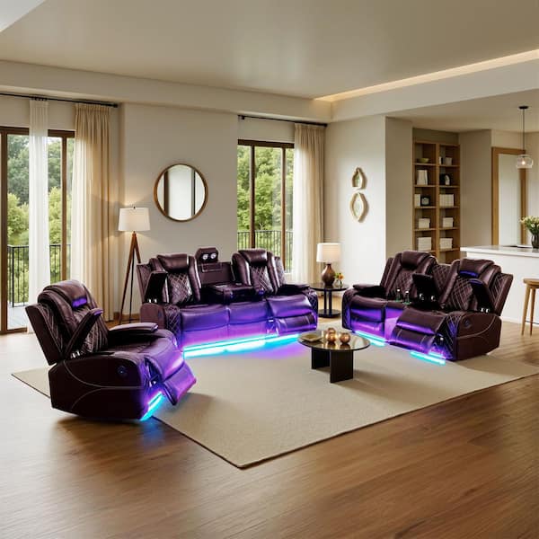 84 in. Pillow Top Arm 3-Piece Leather Rectangle Power Reclining Sofa Set in Brown, Modern Design w/Cup Holders, LED, USB