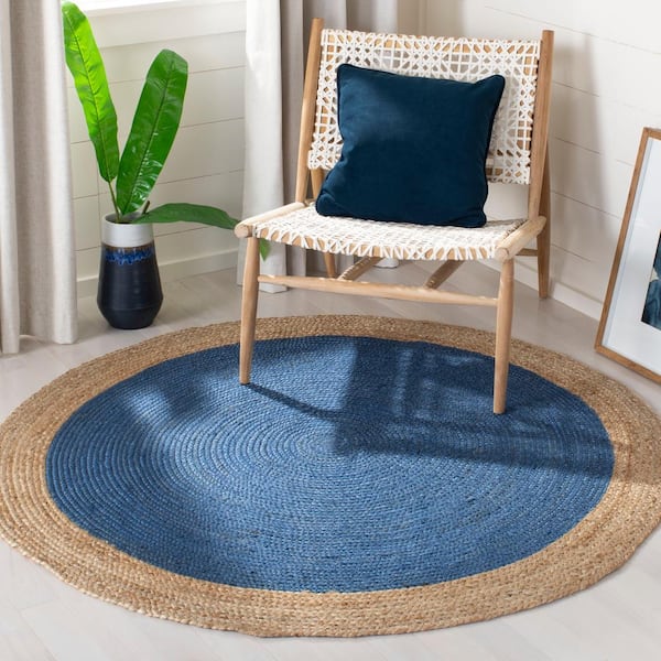 Natural Fiber Royal Blue/Natural 9 ft. x 9 ft. Round Border Area Rug