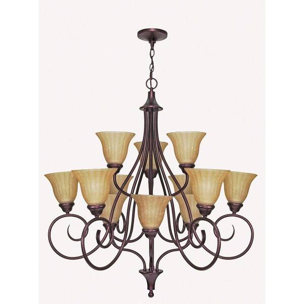 Glomar Moulan 12-Light Chandelier 3 Tier with Champagne Linen Washed Glass Finished in Copper Bronze-DISCONTINUED