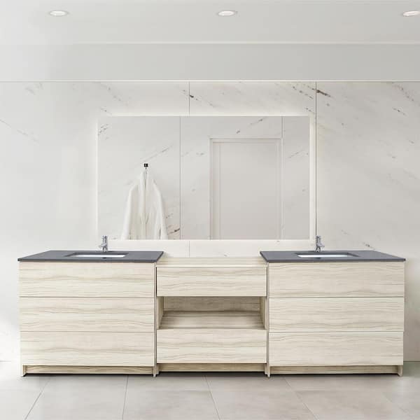 Ella Element 102 in. W x 22 in. D x 35 in. H Double Sink Bath Vanity in Light Oak with Galaxy Grey Quartz Top