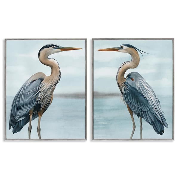 Detailed Heron Bird Duo by Grace Popp 2 Piece Gray Framed Giclee Art Print Animal 30 in. x 24 in.
