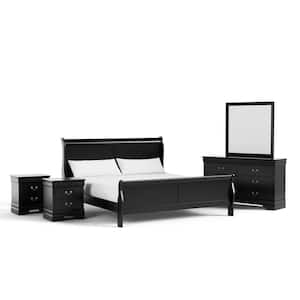 5-Piece Burkhart Black Wood King Bedroom Set with 2-Nightstands and Dresser w/Mirror