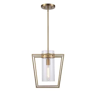 12-in. 1-Light Antique Gold Hanging Kitchen Pendant Light with Clear Glass Cylinder Shade