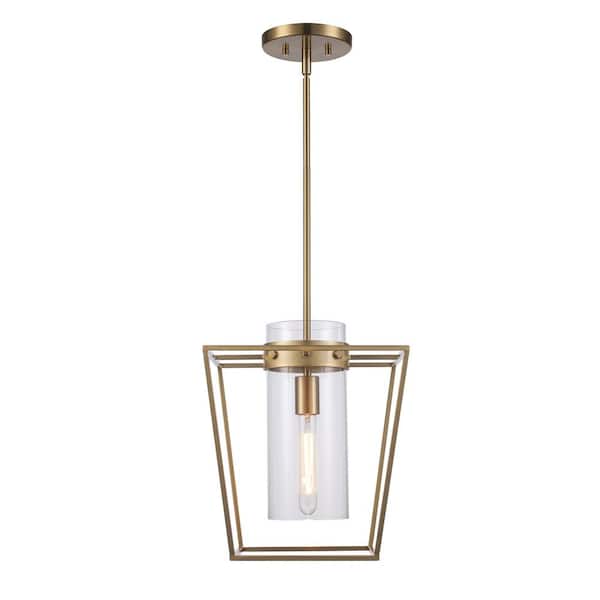 Bel Air Lighting 12-in. 1-Light Antique Gold Pendant Light Fixture with Clear Glass Cylinder Shade