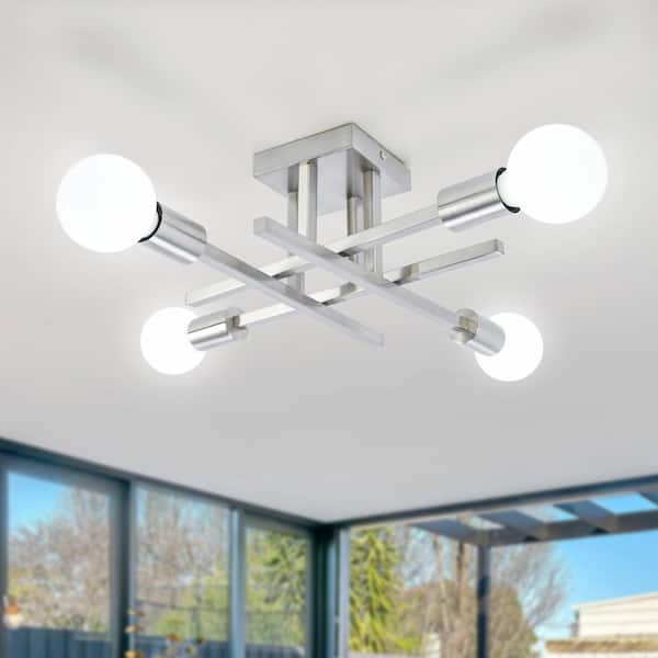 ZJVAIVE 18.11 in. 4-Light Modern Sliver Nickel Semi- Flush Mount for Corridor Bedroom with No Bulbs Included