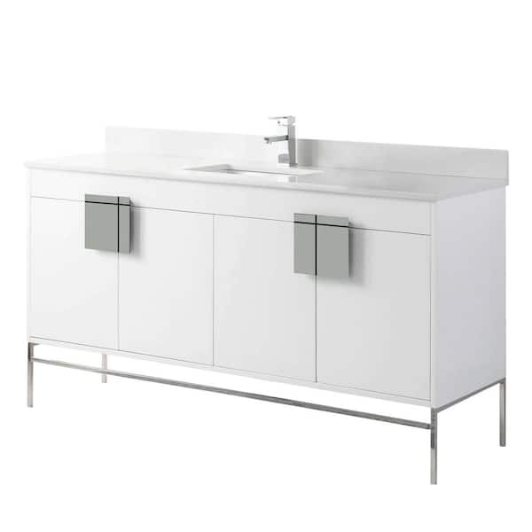 FINE FIXTURES 60 in. W x 20.47 in. D x 33.5 in. H Bath Vanity in Matte White Paint with Phoenix Stone Vanity Top in White