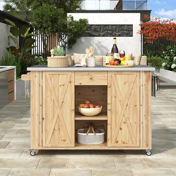 2.3 ft. W Outdoor Kitchen Island Fir Wood Kitchen Island with Stainless Steel Top, Ample Storage Space, Spice Racks
