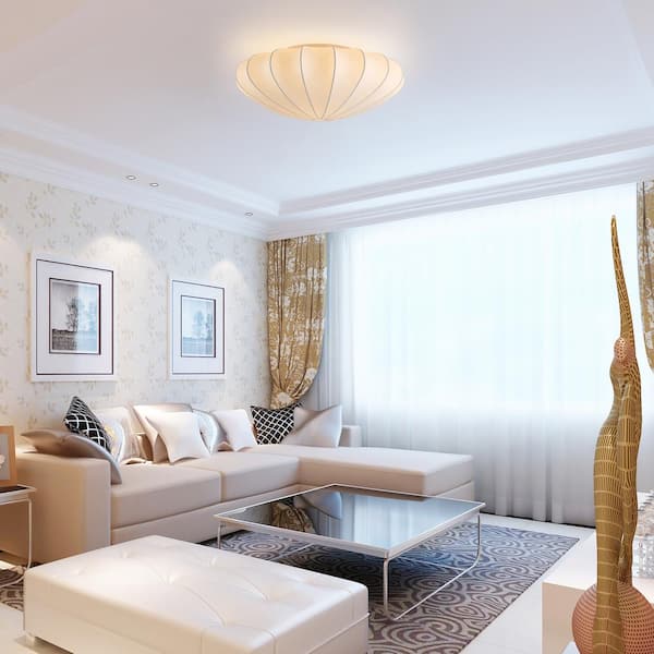 Kateo 26.8 in. W 3-Light White Semi-Flush Mount Silk Ceiling Light w/ Cream Oval Umbrella Shell Shade for Ambient Light