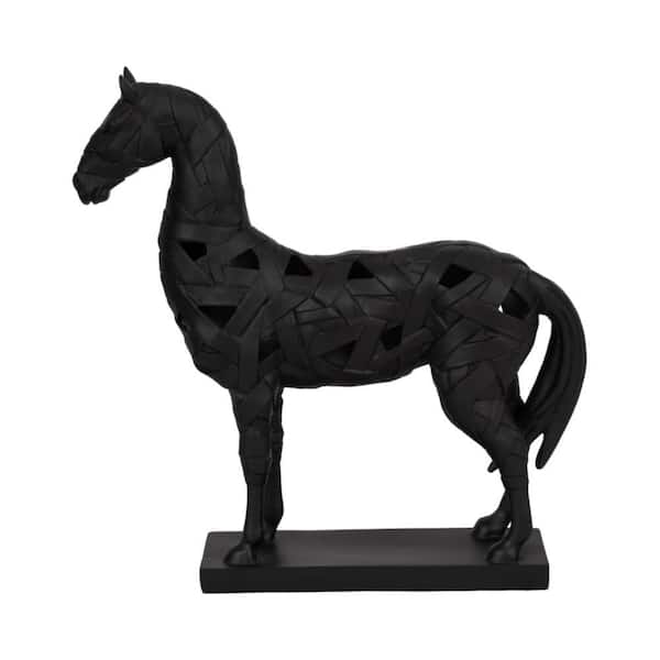 Black 15 in. x 17 in. Resin Polyresin Horse Design Sculpture On Base