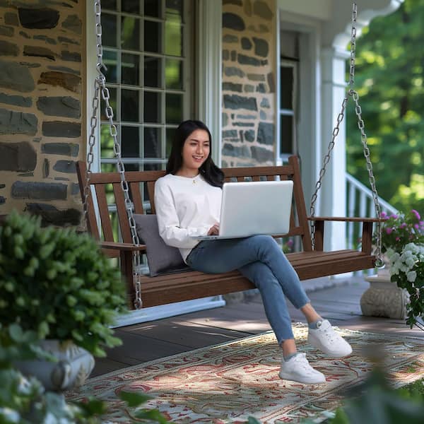 5 ft. Wood Patio Porch Swing Outdoor With Chains and Curved Bench, Carbonized
