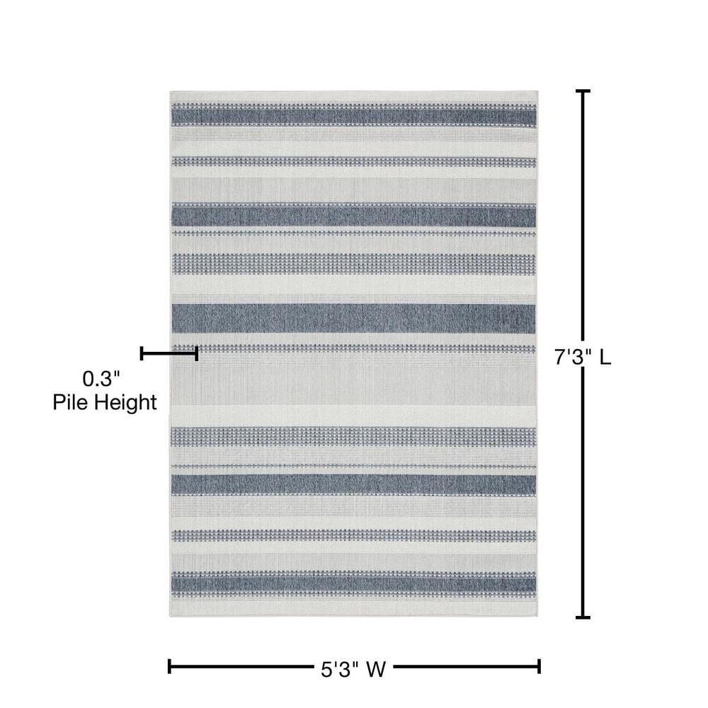 Tripoli Mateo Dark Blue and Cream Striped Polypropylene Indoor/Outdoor Area Rug, 5'3" x 7'3"
