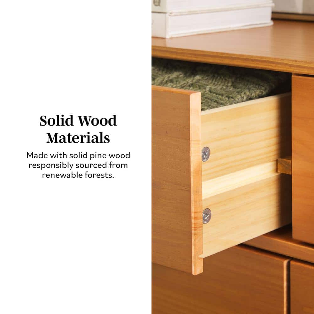 Caramel Solid Pine Wood 6-Drawer Dresser with Metal Handles