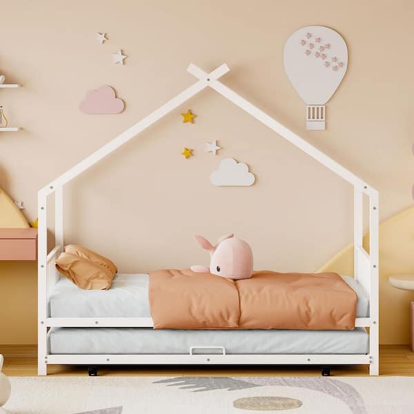 Harper & Bright Designs White Twin Size Metal House Bed Platform Bed with Twin Size Trundle