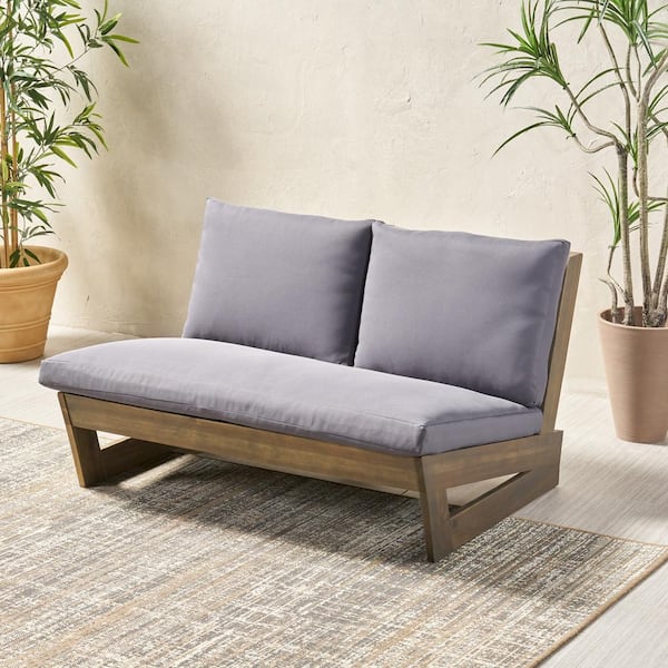 Noble House Sherwood Grey Wood  Outdoor Patio  Loveseat with Dark Grey Cushions