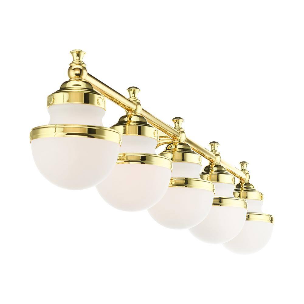 Polished Brass 5-Light Vanity with Satin Opal Glass