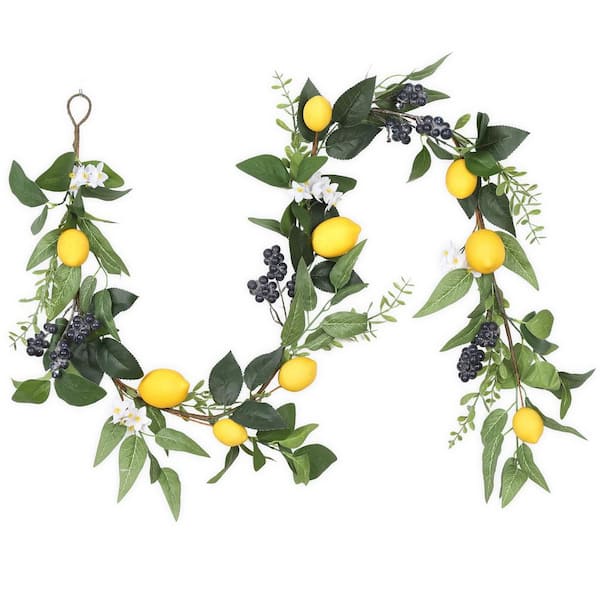 6 ft. Green Artificial Lemon Garland, Artificial Fruit Garlands with Lemons, Blueberries Leaves and Flowers