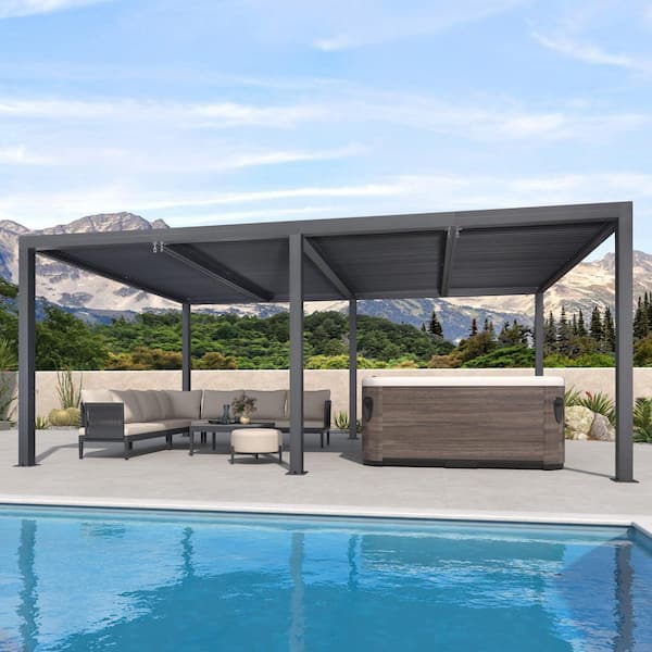 PURPLE LEAF 12 ft. x 20 ft. Gray Aluminum Frame Outdoor Patio Louvered Pergola Gazebo with Adjustable Sunshade Rainproof Roof