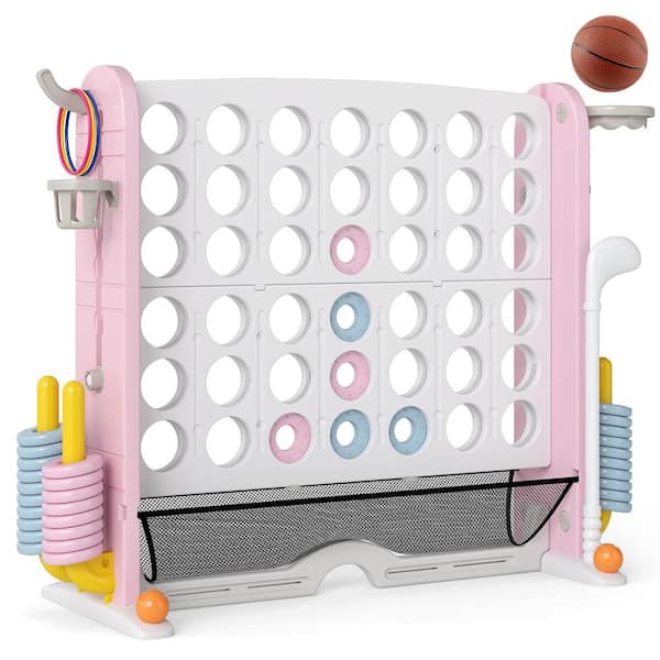 Height Adjustable Jumbo 4-in-a Row Game Set, 4-to-score Giant Game w/ Basketball Hoop, Pink