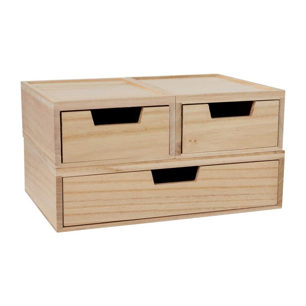 Light Natural Paulownia Wood Stackable Storage Boxes with Drawers, Set of 3