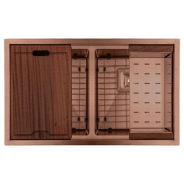 32 in. Undermount Double Bowl 16-Gauge Copper Leather Textured Stainless Steel Workstation Kitchen Sink with Accessories