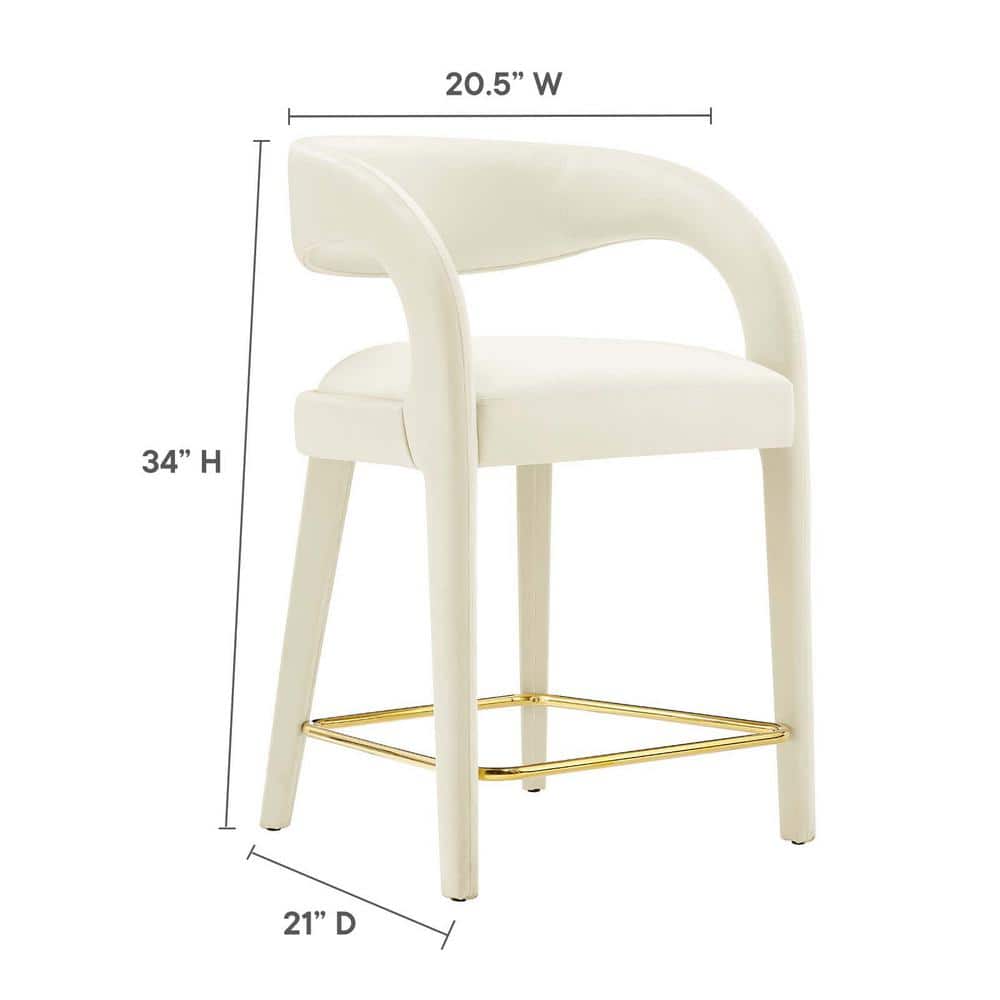 Ivory Gold Velvet Upholstered Counter Stools with Metal Footrest, Set of Two
