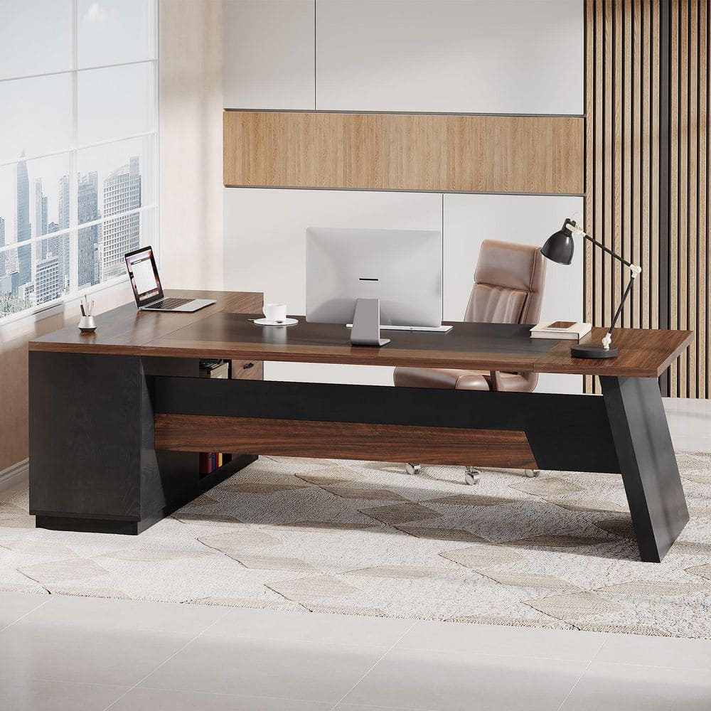 Capen 78.7 in. L-Shaped Walnut and Black Wood Professional Executive Desk with Cabinet, File Drawers, Open Shelves