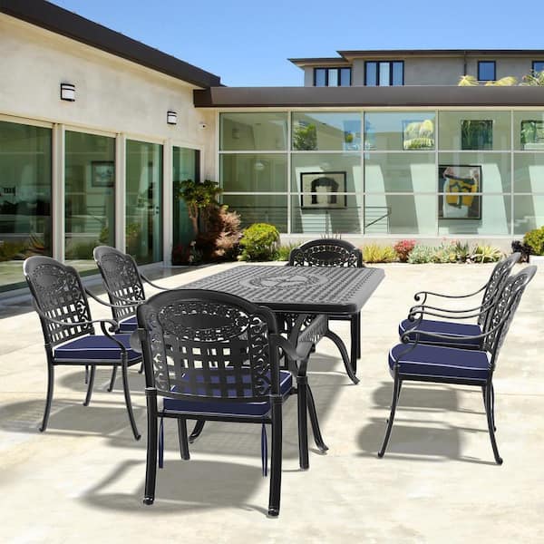 Isabella Black 7-Piece Cast Aluminum Outdoor Dining Set with Rectangle Table and Dining Chairs and Random Color Cushion