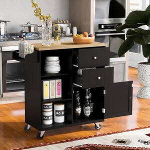 Black Wood 42 in. Kitchen Island with Drawers and 3-Open Shelves