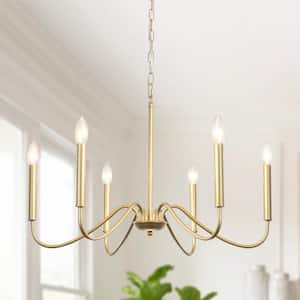 6-Light Gold Candle Design Hanging Linear Chandelier Lighting for Kitchen Island