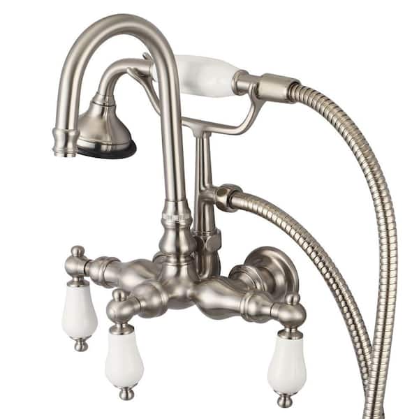 Water Creation 3-Handle Vintage Claw Foot Tub Faucet with Hand Shower and Porcelain Lever Handles in Brushed Nickel