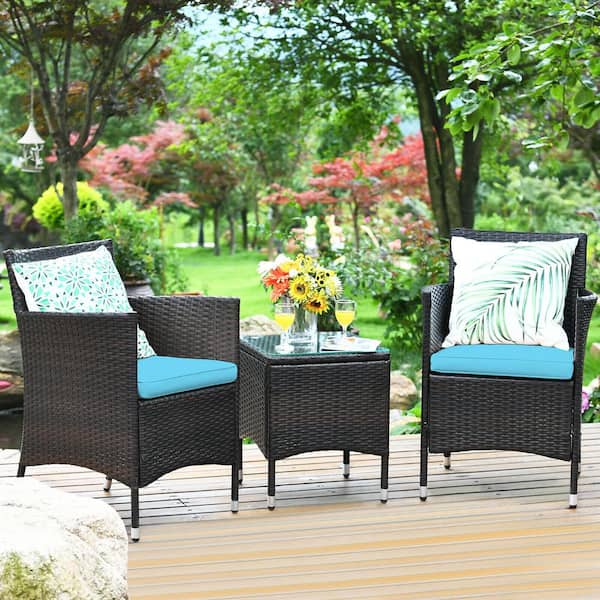 Costway 3-Piece Wicker Patio Conversation Set with Blue Cushions