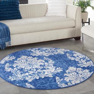 Whimsicle Navy Ivory 5 ft. Floral Farmhouse Round Area Rug