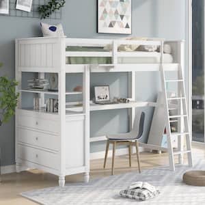 Multifunction White Twin Size Wood Loft Bed with Desk, Shelves and Drawers